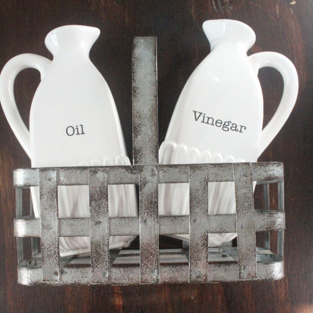 Mud Pie Vinegar and Oil Bottles in Galvanized Metal Basket